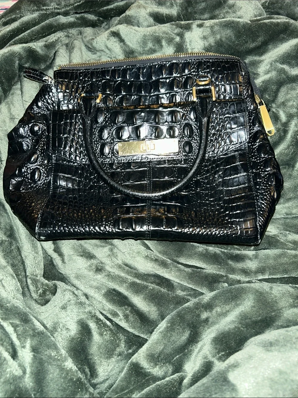 Brahmin Black Croc-Embossed Satchel with Gold Hardware